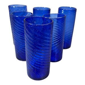 6 handblown spanish cobalt blue glass swirl tumbler set Vintage Art Barware